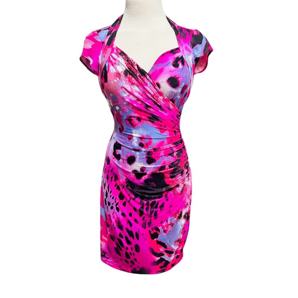 Caché Purple Leopard Print Dress 90’s Bodycon Size 4